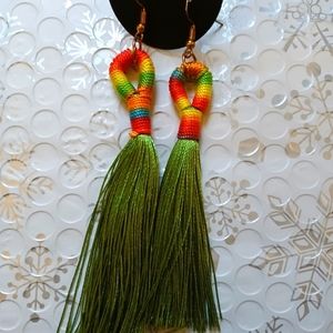 Rainbow and green long tassel earrings